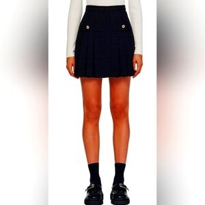 Sandro Crepe Pleated Paneled Canvas Mini Skirt Black Size 42 NEW NWT
